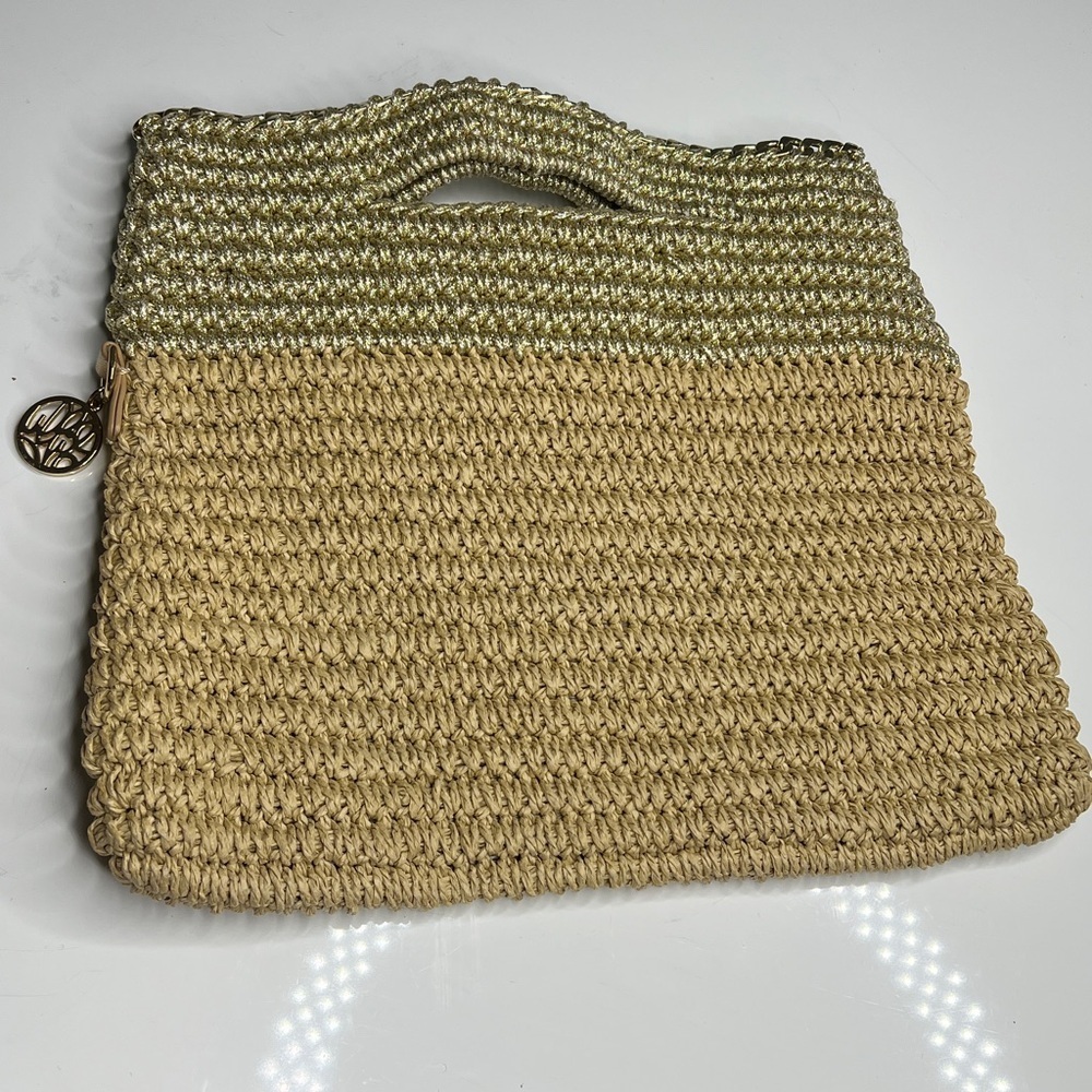 Lilly Pulitzer Beige Straw and Gold Crochet Chain Trim Hand Flat Tote Clutch Bag - Picture 7 of 9